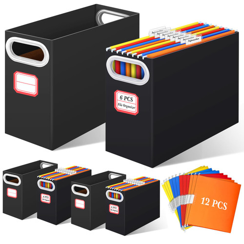 Estune 19 Pcs Cardboard File Organizer Letter Size Hanging File Folders Storage Set 6 Hanging File Box with Handles 12 Assorted Collapsible Hanging File Holder for School Office Desk (Black)