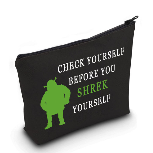 LEVLO Funny Monster Movie Cosmetic Make Up Bag Green Monster Fans Gift Check Yourself Before You Shrek Yourself Makeup Zipper Pouch Bag (Check Yourself Black)
