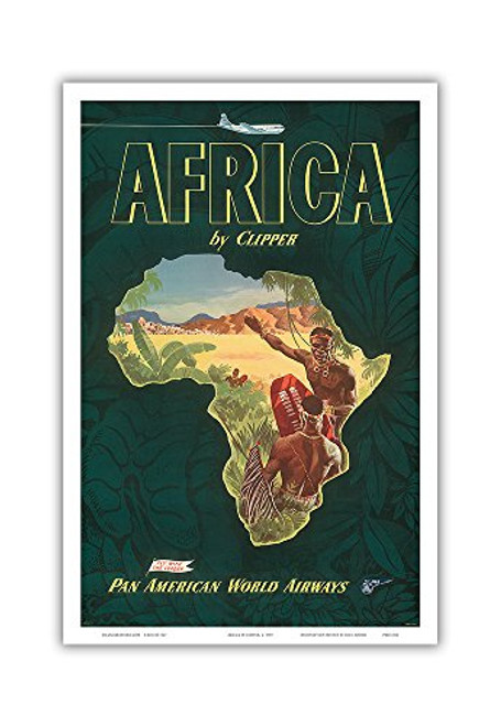 Africa by Clipper - Pan American World Airways (PAA) - Vintage Airline Travel Poster c.1950s - Master Art Print - 12in x 18in Africa by Clipper - Pan American World Airways (PAA) - Vintage Airline Travel Poster c.1950s - Master Art Print - 12in x 18in