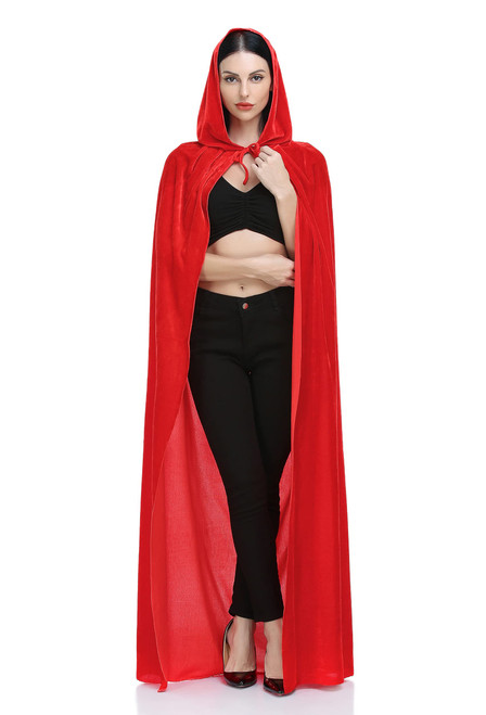 Hooded Cloak Velvet Cape with Hood Halloween Capes Women Witch Costume Vampire Cloak Wizard Robe Cosplay Costume Red 130cm
