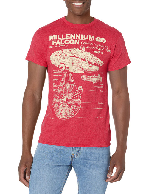 STAR WARS Mens Millennium Falcon Detailed Drawing T-Shirt T Shirt, Red Heather, Medium US