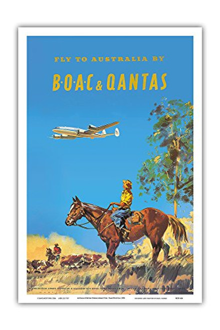 Australia by British Overseas Airways Corp. (BOAC) and Qantas Airlines - Lockheed Constellation - Vintage Airline Travel Poster by Frank Wootton c.1950s - Master Art Print - 12in x 18in Australia by British Overseas Airways Corp. (BOAC) and Qantas Airlines - Lockheed Constellation - Vintage Airline Travel Poster by Frank Wootton c.1950s - Master Art Print - 12in x 18in