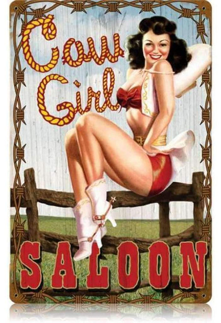 Cowgirl Saloon - Pin-Up Girl Retro Tin Metal Sign Vintage Wall Decor Metal Plaque Poster For Home Club Bar Pub Tavern Coffee Cafe Bbq Garage Shop 8 X 12 Inches