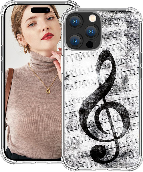 MUQR iPhone 15 Pro Max Case Cute Aesthetic Kawaii Designer Music Note Pattern, Cute Case Girly for Women Girls Compatible with iPhone 15 Pro Max Protective Music Note Vintage Musical Musician Theme