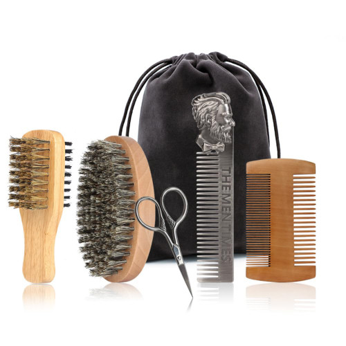 Beard Brush and Comb Set with Mustache Scissors Grooming Kit, Natural Boar Bristle Brush, Dual Action Wood Comb, Dual Side Beard Brush and Travel Bag for men.
