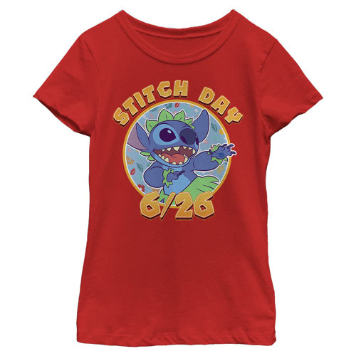 Disney Lilo Stitch Day Girl's Solid Crew Tee, Red, Large