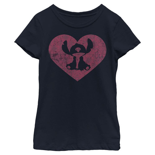 Disney Lilo Stitch Heart Girl's Solid Crew Tee, Navy Blue, X-Large
