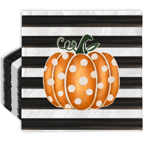 AnyDesign 80 Pack Polka Dot Pumpkin Paper Napkins Disposable Stripes Fall Luncheon Napkin Autumn Pumpkin Dessert Dinner Hand Napkin for Thanksgiving Buffet Party Supplies, 6.5 x 6.5 Inch