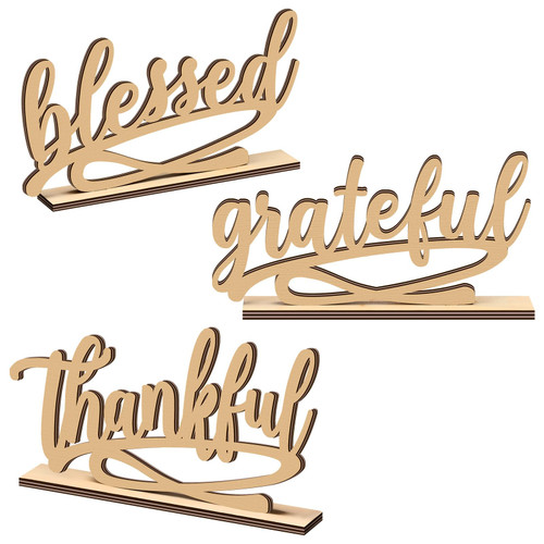 3 Pieces Thanksgiving Fall Letter Table Sign Thankful Grateful Blessed Standing Letter Table Sign Wood Rustic Table Decoration for Farmhouse Thankful Grateful Blessed Decor for Home(Wood Color)