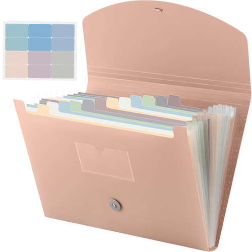 Cholemy Expanding File Folder 13 Pockets File Organizer with Labels A4 Letter Size Receipt Document Organizer Plastic Expandable Filing Folders for Office, Classroom, Home (Pink)