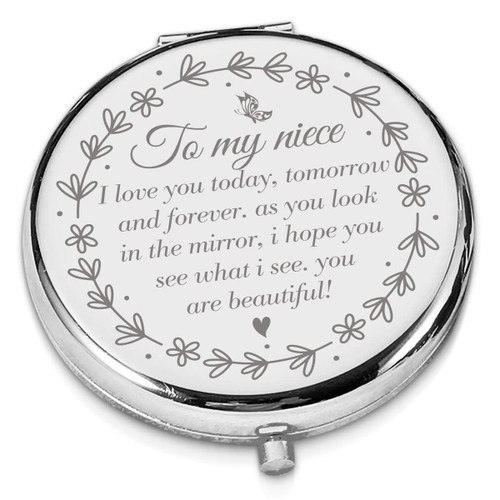 LRUIOMVE Niece Gift from Aunt Uncle, Inspirational Sliver Engraved Travel Makeup Mirror, Compact Pocket Cosmetic Mirror for Niece Birthday Christmas Graduation Gift