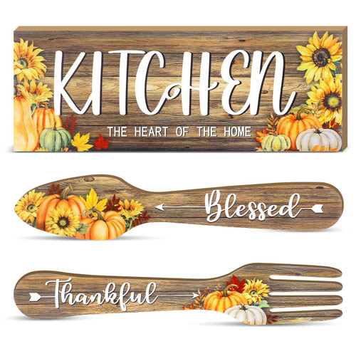 3 Pieces Kitchen Decor Gift Wooden Thankful Grateful Blessed Wall Decor Maple Pumpkin Hanging Wall Art Signs Fork and Spoon Rustic Farmhouse Sunflower Kitchen Decor for Home (Light Brown, Pumpkin)