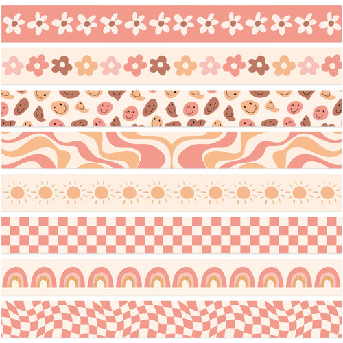 Whaline 82Ft Retro Groovy 70s Bulletin Board Borders Boho Flower Face Sun Rainbow Checkered Decoration Trim Border Pink Orange Boho Bulletin Board Stickers for School Classroom Office Party Decor