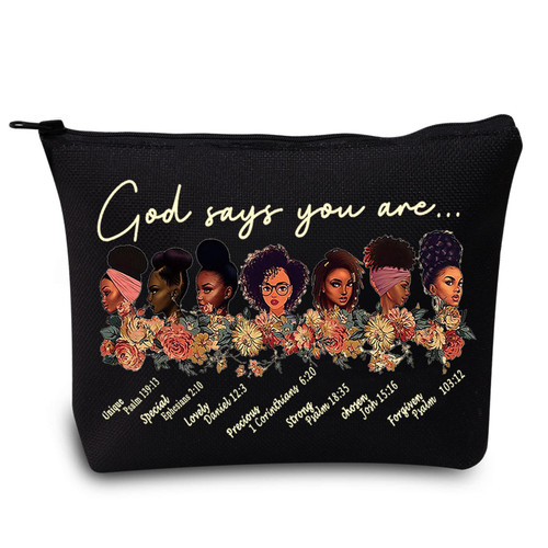 LEVLO Black American Cosmetic Make up Bag African Inspired Gift God Says You are Unique Special Lovely Chosen Forgiven Makeup Zipper Pouch Bag Black Live Matter Gift (Black God African)