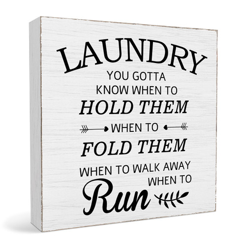 5 x 5" Laundry You Gotta Know When to Hold Them White Wood Block Plaque Box Signs, fit Laundry Room Wood Box Sign, Home Living Room Trestle Table Decoration - (a041)