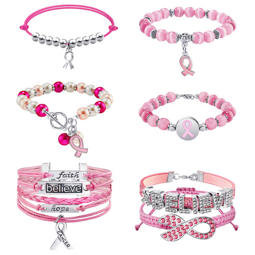 Taiyin 6 Pieces Breast Cancer Awareness Bracelet Breast Cancer Bracelets Ribbon Pink Bracelet Breast Cancer Gifts for Women, 6 Styles Taiyin 6 Pieces Breast Cancer Awareness Bracelet Breast Cancer Bracelets Ribbon Pink Bracelet Breast Cancer Gifts for Women, 6 Styles