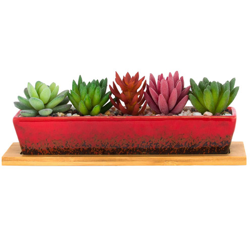 ARTKETTY Succulent Pots - Large Succulent Planters with Drainage Tray, 9.8 Inch Long Rectangular Planters for Indoor Plants Shallow Window Planters Ceramic Cactus Flower Plant Container for Garden