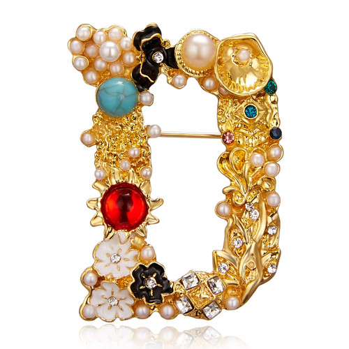 Initial Brooch Pins A-Z 26 Letters Brooches For Women Girls Colorful Enamel Alphabet Pin Pearl Crystal Lapel Pin (Initial Brooches D)
