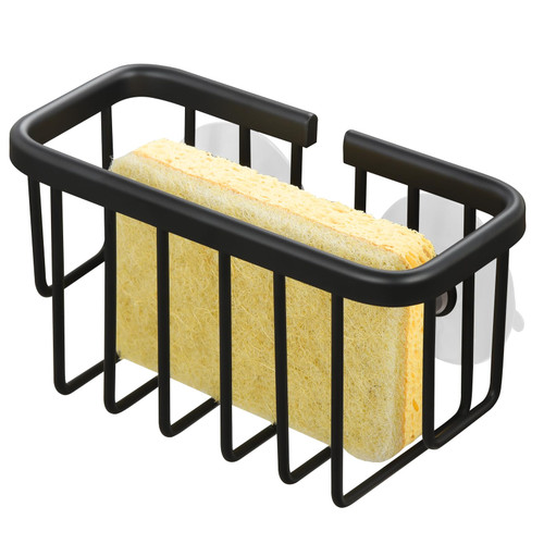 Premium Sponge Holder for Kitchen Sink, Aluminum Sponge Holder with Suction Cups and Adhesive Hook, Rustproof Sink Sponge Holder Kitchen Sink Sponge Holder for Sponge, Brush, Kitchen, Bathroom (Black)