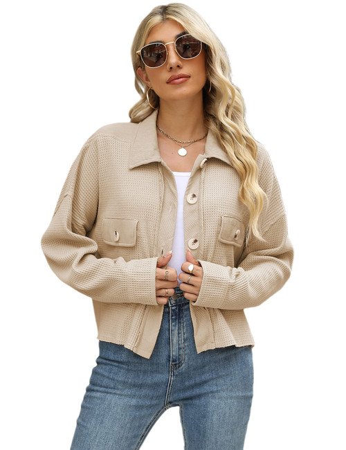 Tanming Womens Cropped Waffle Knit Shacket Loos Fit Long Sleeve Button Down Shirt Jacket (Khaki-S)