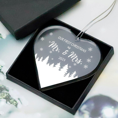 FKOG Heart Shape Glass Our First Christmas As Mr & Mrs Ornament 2023, Mr & Mrs Newlywed Wedding Just Married Christmas Tree Decoration Ornaments Ideas Gifts (Mr & Mrs Gifts 2023)