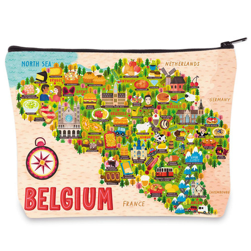 LEVLO Belgium Map Cosmetic Bag Belgium Travel Souvenir Gift Belgium Travelling Culture Travel Pouch Bag Belgium Long Distance Relationship Gift (Belgium)