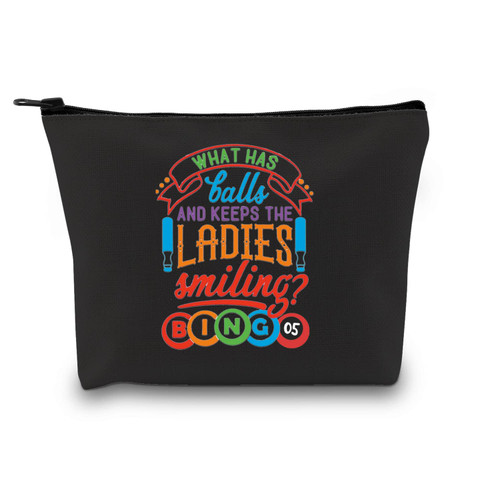 XYANFA Bingo Makeup Bag Bingo Gifts For Gambling Lovers Bingo Themed Zipper Pouch (WHAT HAS BALLS black)