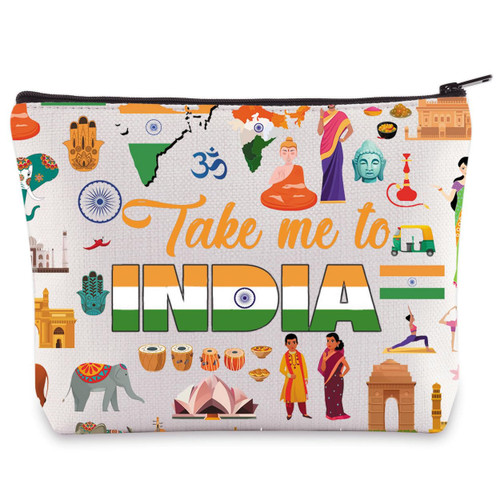 LEVLO India Landmarks Themed Travel Cosmetic Bag India Souvenir Gift Take Me To India Zipper Pouch Bag For India Traveler (Take Me To India)