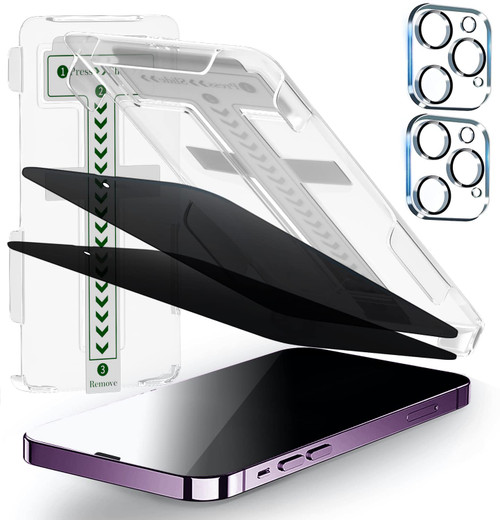 POROLIR [2+2 Pack] Privacy Screen Protector Compatible for iPhone 14 Pro Max 6.7" 2022 with Camera Lens Protector, [Auto Alignment Kit] 9H Tempered Glass Full Coverage Anti Spy Cover