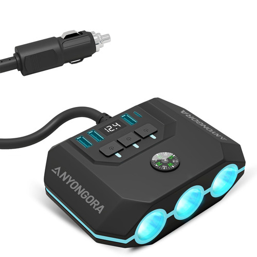 Anyongora Cigarette Lighter Splitter, 120W Car Charger Adapter with PD & QC 3.0, 12V/24V Multi Port Power Plug with Independent Switches & LED Voltage Display for All Car Devices