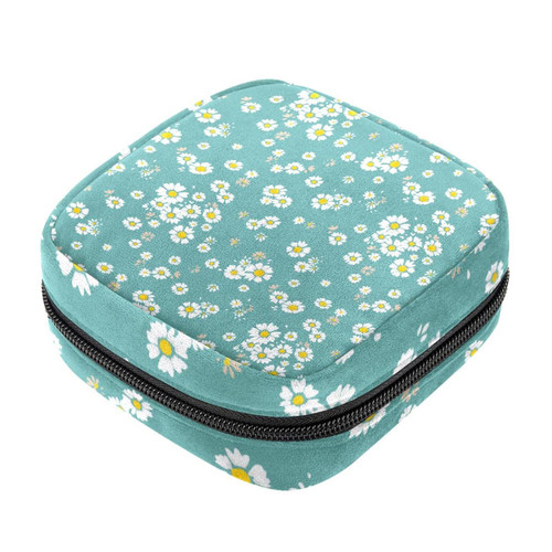 Makeup Bag Tiny White Daisy Flowers Blue Background Cosmetic Bag Makeup Pouch Travel Toiletry Bag Organizer Storage Bag for Women Girls