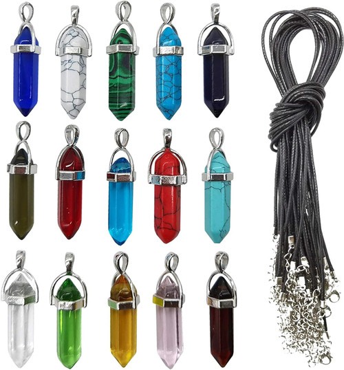 ROYHOO 30PCS/Set DIY Bullet Shape Healing Pointed Chakra Beads Bullet Shape Stone Random Color Beads Pendant for Pendant Necklace Jewelry Making with Black Leather Necklace Chain