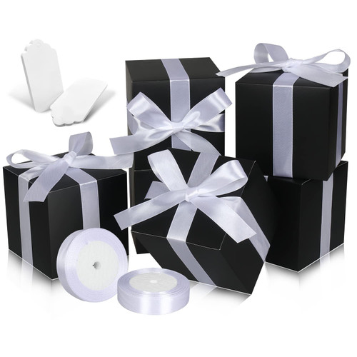 DOYIDE 50 Pack Small Gift Boxes, 4x4x4 Favor Boxes Black Paper Gift Boxes with Lids for Presents, Crafting, Cupcake Boxes, Gifts, Candy Boxes for Wedding Party Bridal Shower Baby Shower Favors