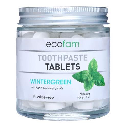 Ecofam Chewable Xylitol Toothpaste Tablets - 90 Natural Whitening Paste tabs - Earth Friendly Glass Jar - Fluoride-Free - Remineralizing Nano Hydroxyapatite - SLS Free - Made in The USA (Wintergreen)