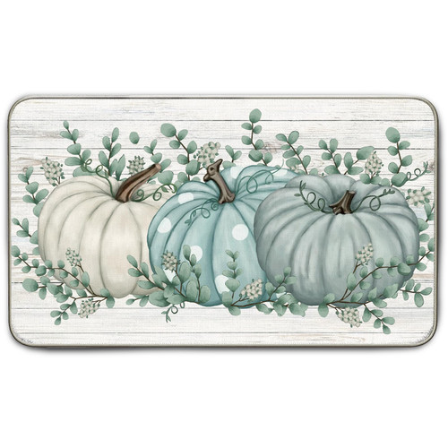 AnyDesign Fall Doormat Autumn Pumpkin Eucalyptus Leaves Entrance Mat with Anti Slip Rubber Back Rustic Wood Grain Print Felt Floor Mat Rug for Indoor Outdoor Kitchen Bedroom, 17 x 29 Inch