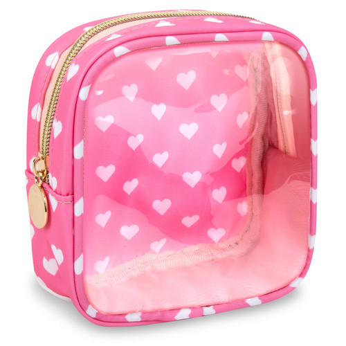 Mini Clear Travel Makeup Organizer Bag for Purse, Small Cute Preppy Pink Makeup Bag Cosmetic Zipper Pouch Purse, Transparent PVC & Nylon Waterproof Toiletry Storage Clutch for Women Girls(Pink Heart)