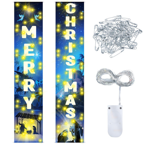 Jetec 2 Pieces Christmas Religious Decoration Nativity Porch Sign, Jesus Christmas Banner Decor with Light Strings Xmas Hanging Decorations for The Home Outdoor Indoor Wall Front Door Jetec 2 Pieces Christmas Religious Decoration Nativity Porch Sign, Jesus Christmas Banner Decor with Light Strings Xmas Hanging Decorations for The Home Outdoor Indoor Wall Front Door