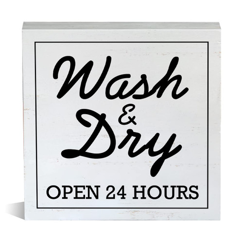 Farmhouse Laundry Room Wooden Box Sign Rustic Style Wash and Dry Laundry Wood Block Tabletop Sign Decorative Desk Sign Decor for Home Shelf 5 X 5 Inches