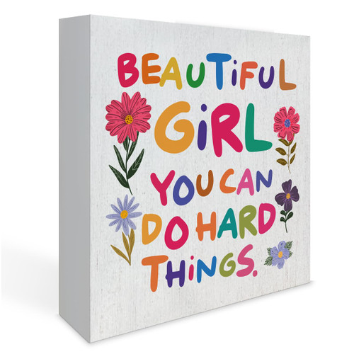 Inspirational Wooden Beautiful Girl Box Sign Office Desk Decor 5 x 5 Inches Motivational Wood Box Sign Decorative Rustic Farmhouse Decor