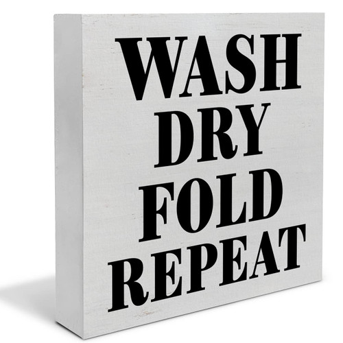 YIDOU Country Laundry Room Wood Box Sign Decor Desk Sign Wash Dry Fold Repeat Laundry Wooden Box Block Sign Rustic Home Shelf Wall Decoration