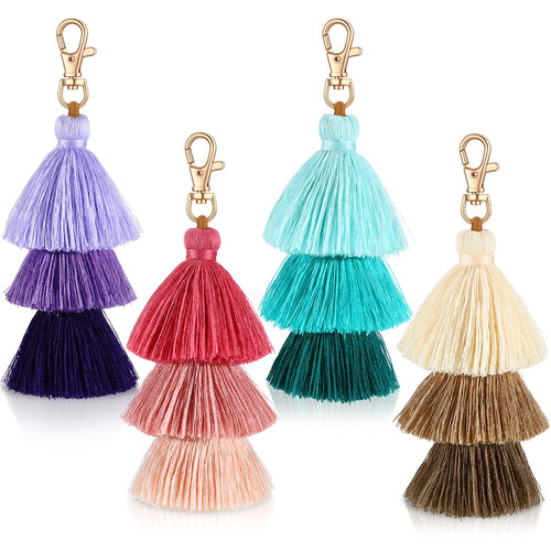Junkin 4 Pieces Pom Pom Tassel Keychain Colorful Backpack Keychain Women Cute Bag Charms Bohemian Purse Tassels Bag Tassel Charm Handbag Purse Pendant Key Chain