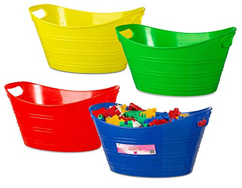 4 Pack - Oval Storage Tub with Handles, Colorful Classroom Organization Bins, Plastic Ice Bucket, Party Beverage Chiller Tub, 4.5L, Assorted Colored