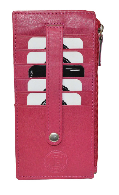 Leatherboss Genuine Leather Women's All in One Credit Business Card Case Holder Slim Zipper Wallet With a Card Protection Strap, Pink