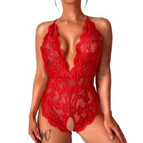 UPAAN Sexy Lingerie for Women, Hollow Out Backless Floral Lace Bodysuit, One Piece Lingerie Deep V Teddy Babydoll, Red