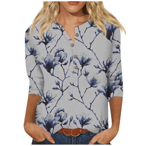 Womens Business Casual Tops,Oversized Shirts 3/4 Sleeve Shirts for Women Cute Print Graphic Tees Blouses Casual Plus Size Basic Tops Pullover Resort Wear for Women 2023 Trendy (1-Blue,Medium)