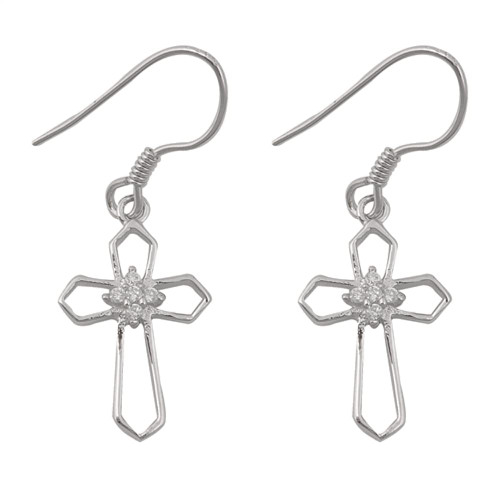 Sterling Silver Simple Geometric Cross Star Cluster Outline Earrings Clear CZ