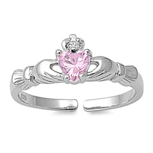 Heart Solitaire Claddagh Pink Simulated CZ Clear Simulated CZ .925 Sterling Silver Toe Ring