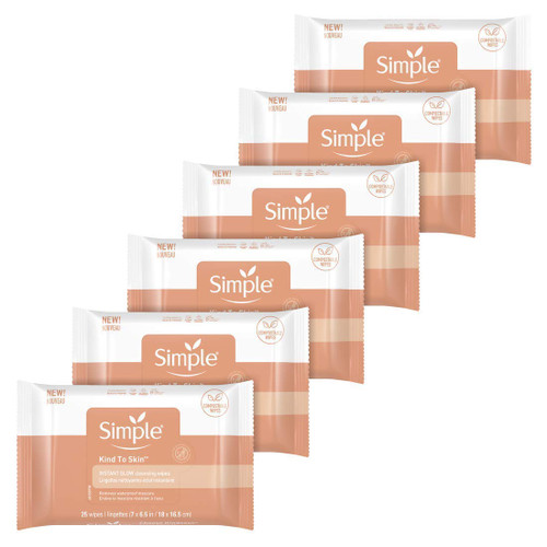 Simple Facial Cleansing Wipes for Stressed Looking Skin Instant Glow & Defend Face Cleansing Wipes that Brightens and Evens Skin Tone 25 Count 6 Pack