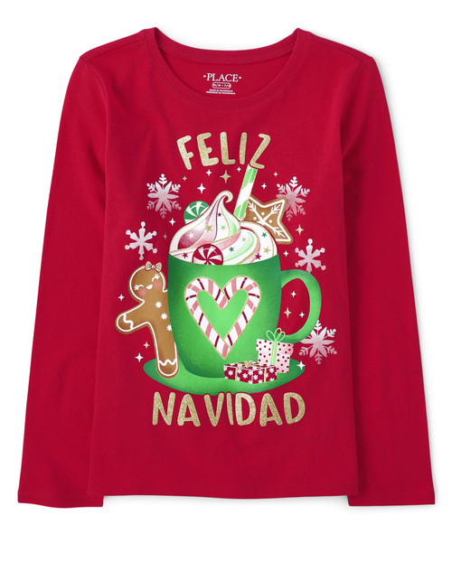 The Children's Place Girls' Feliz Navidad Long Sleeve Christmas Graphic T-Shirt, Candy Cane, Large