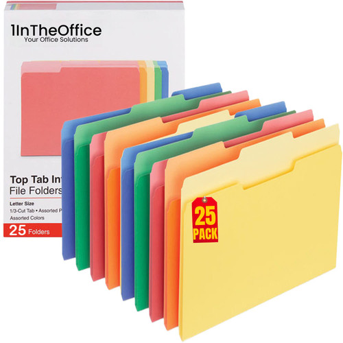 1InTheOffice Colored Interior File Folders Letter Size, File Folders 1/3 Cut Assorted Tab, Assorted Colors, 25/Pack